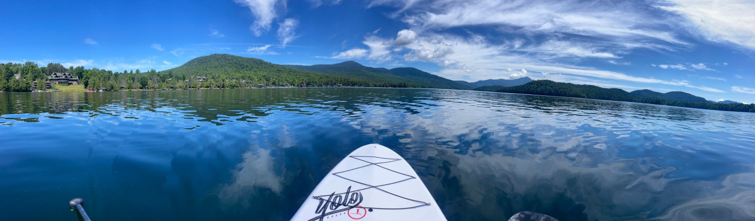 Panoramic view of Lake Placid from a paddleboard